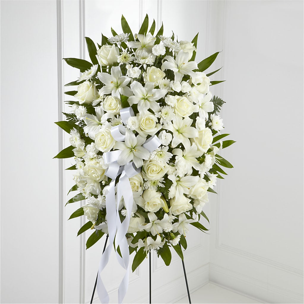 Exquisite Tribute Standing Spray-White Ribbon – Fiesta, Las Cruces NM