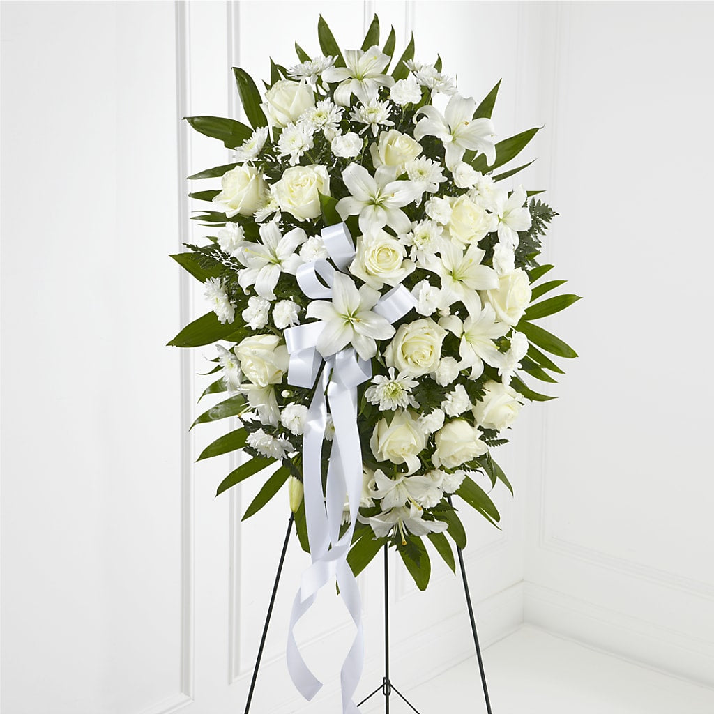 Exquisite Tribute Standing Spray-White Ribbon – Fiesta, Las Cruces NM