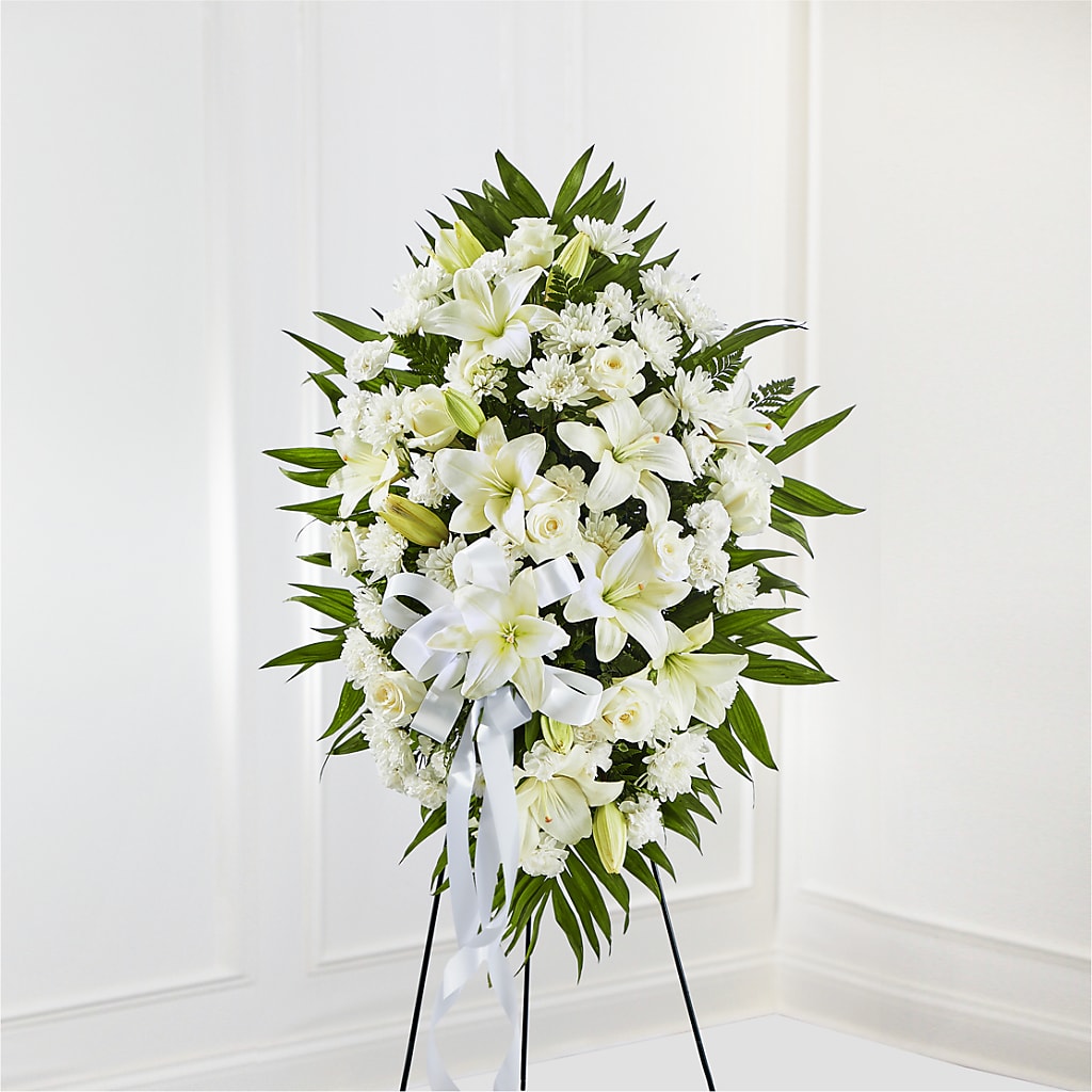 Exquisite Tribute Standing Spray-White Ribbon – Fiesta, Las Cruces NM